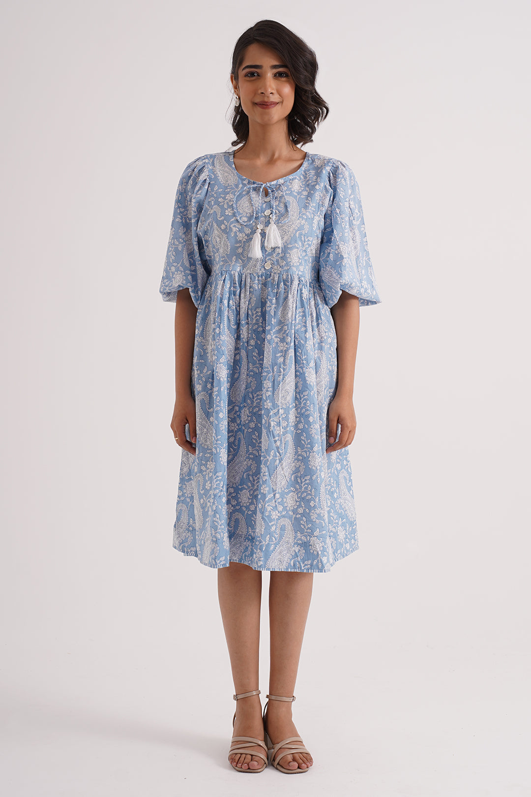Blue Floral Cotton Gathered Dress