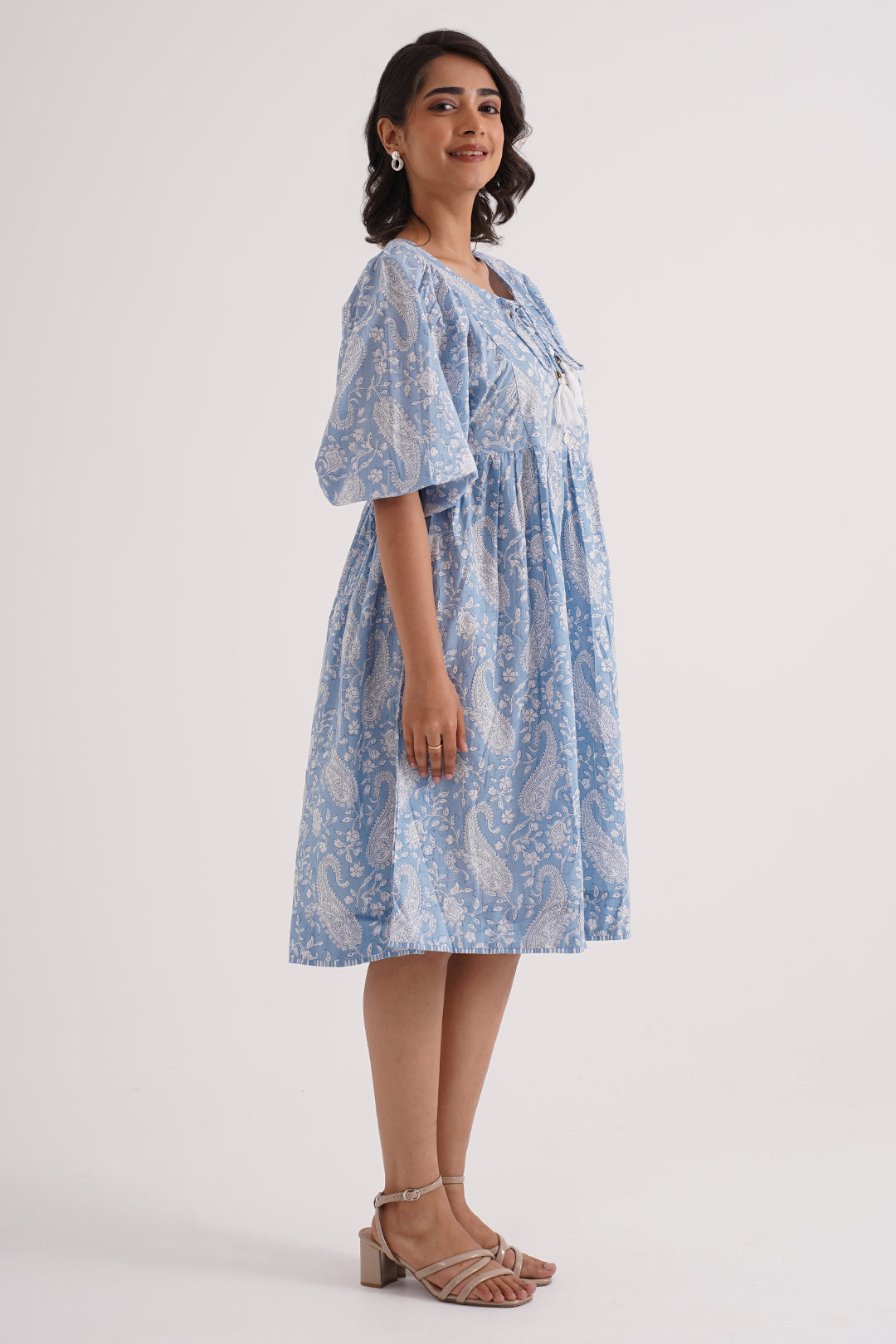 Blue Floral Cotton Gathered Dress