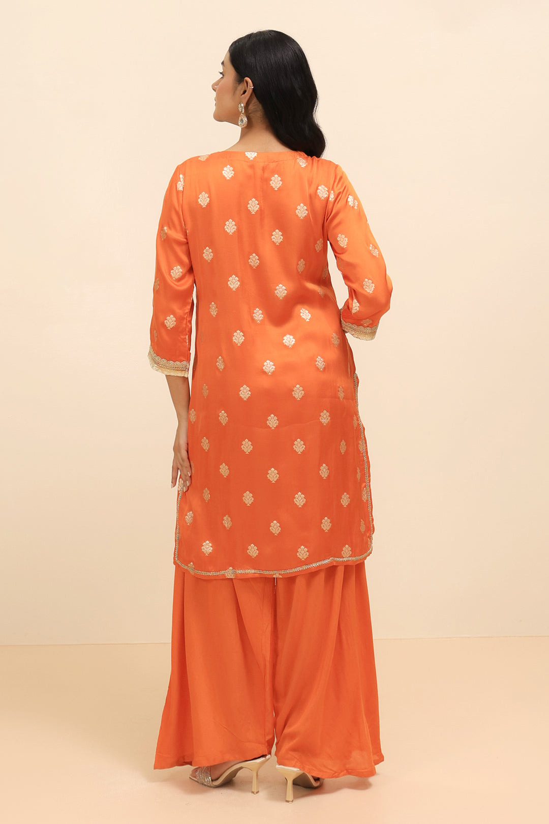 Burnt Orange Satin Silk Embellished Kurta with Cowl Pants