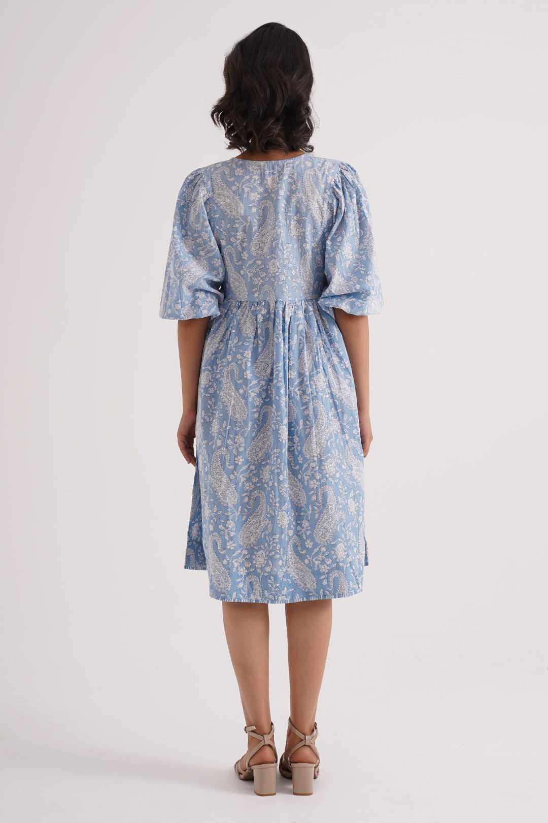 Blue Floral Cotton Gathered Dress