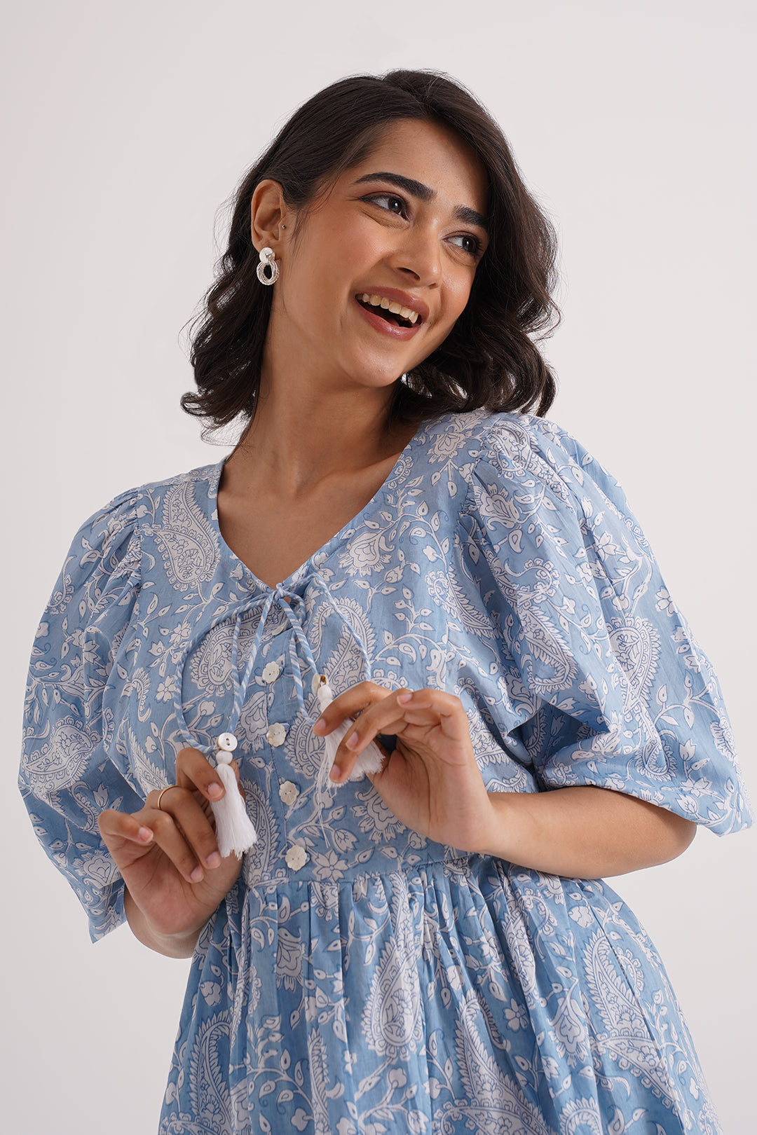 Blue Floral Cotton Gathered Dress