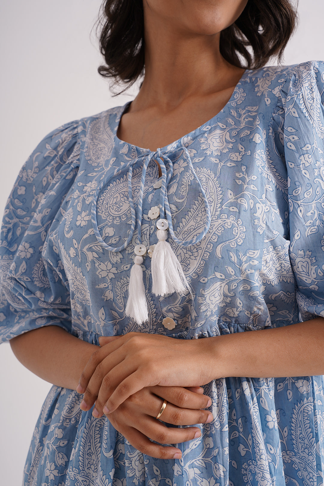 Blue Floral Cotton Gathered Dress