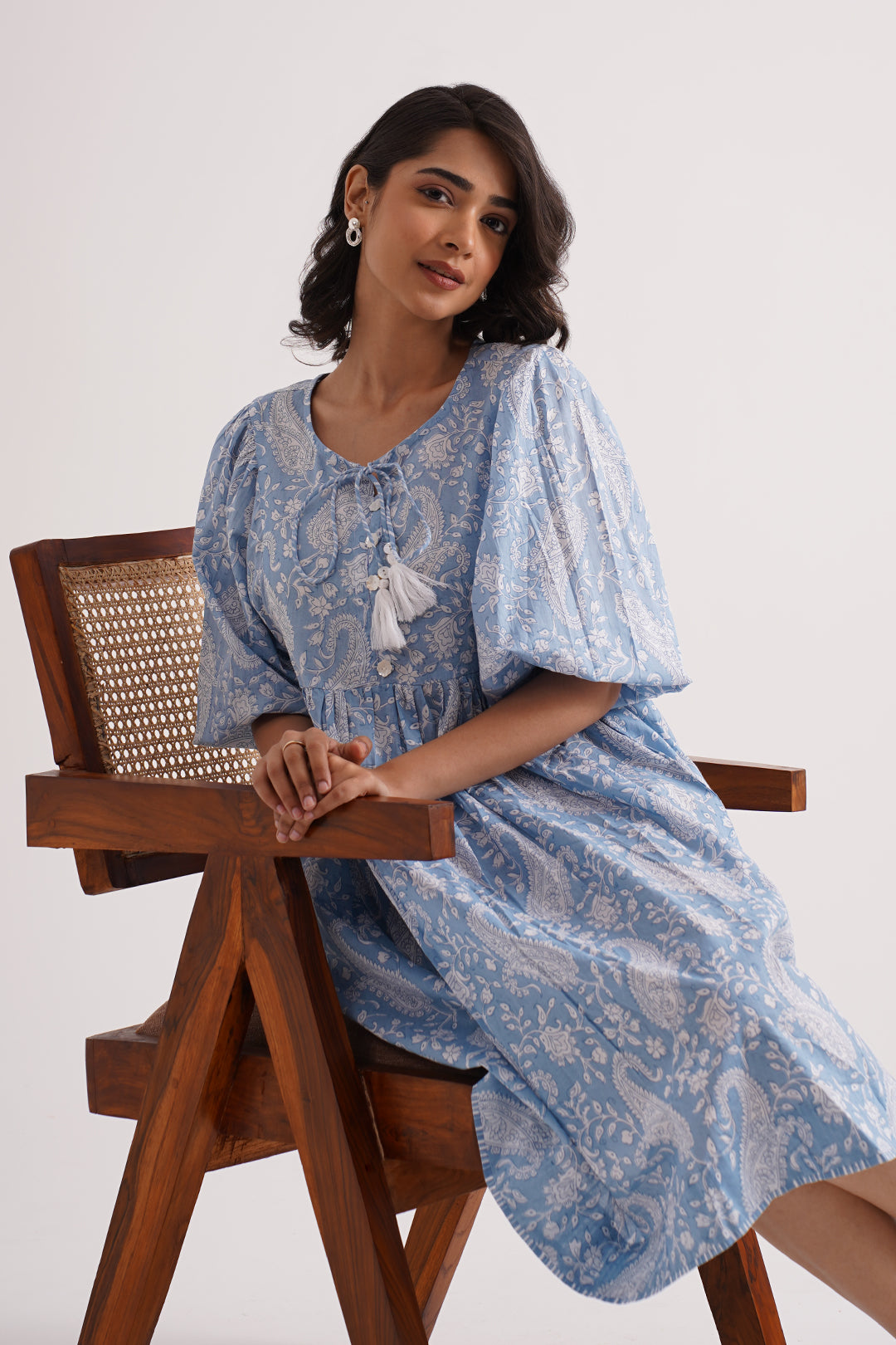Blue Floral Cotton Gathered Dress