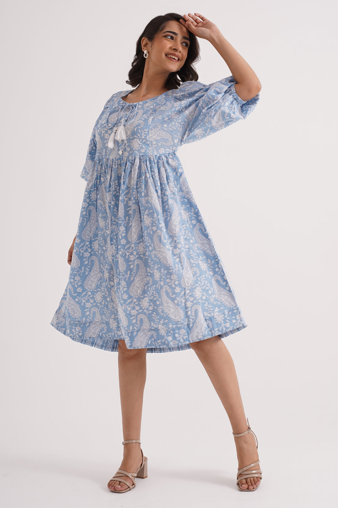 Blue Floral Cotton Gathered Dress