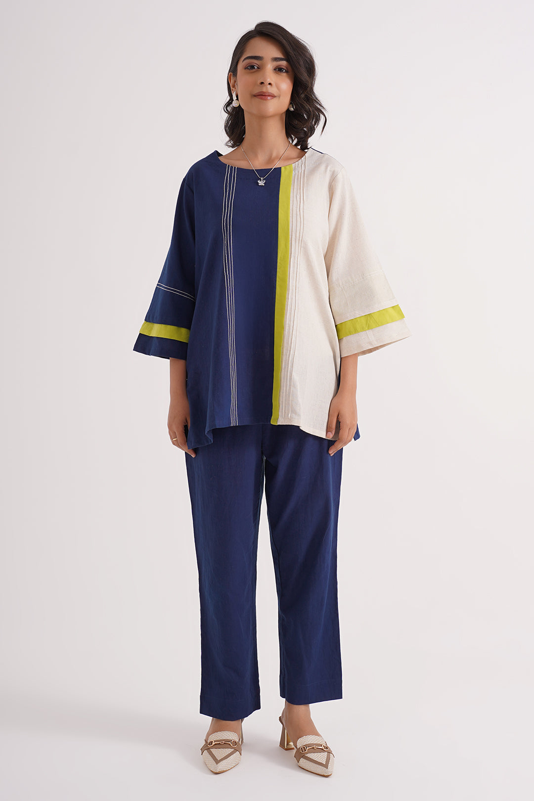 Navy Blue & Off-White Colorblock Cotton Co-ord Set