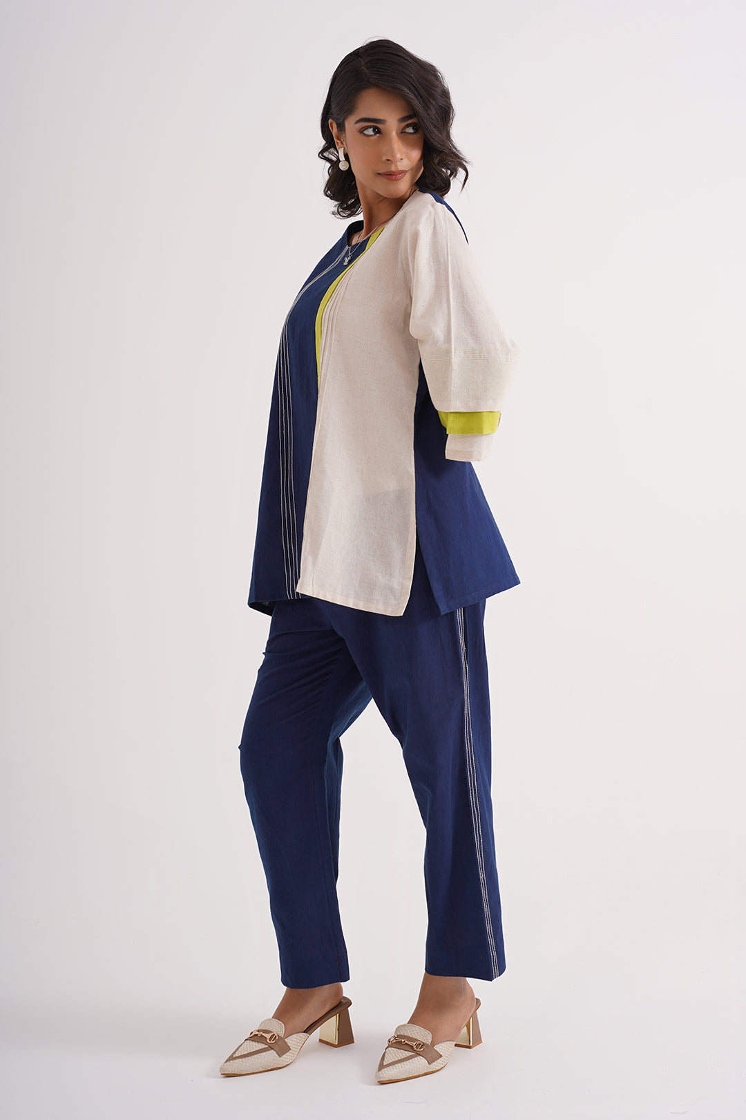 Navy Blue & Off-White Colorblock Cotton Co-ord Set