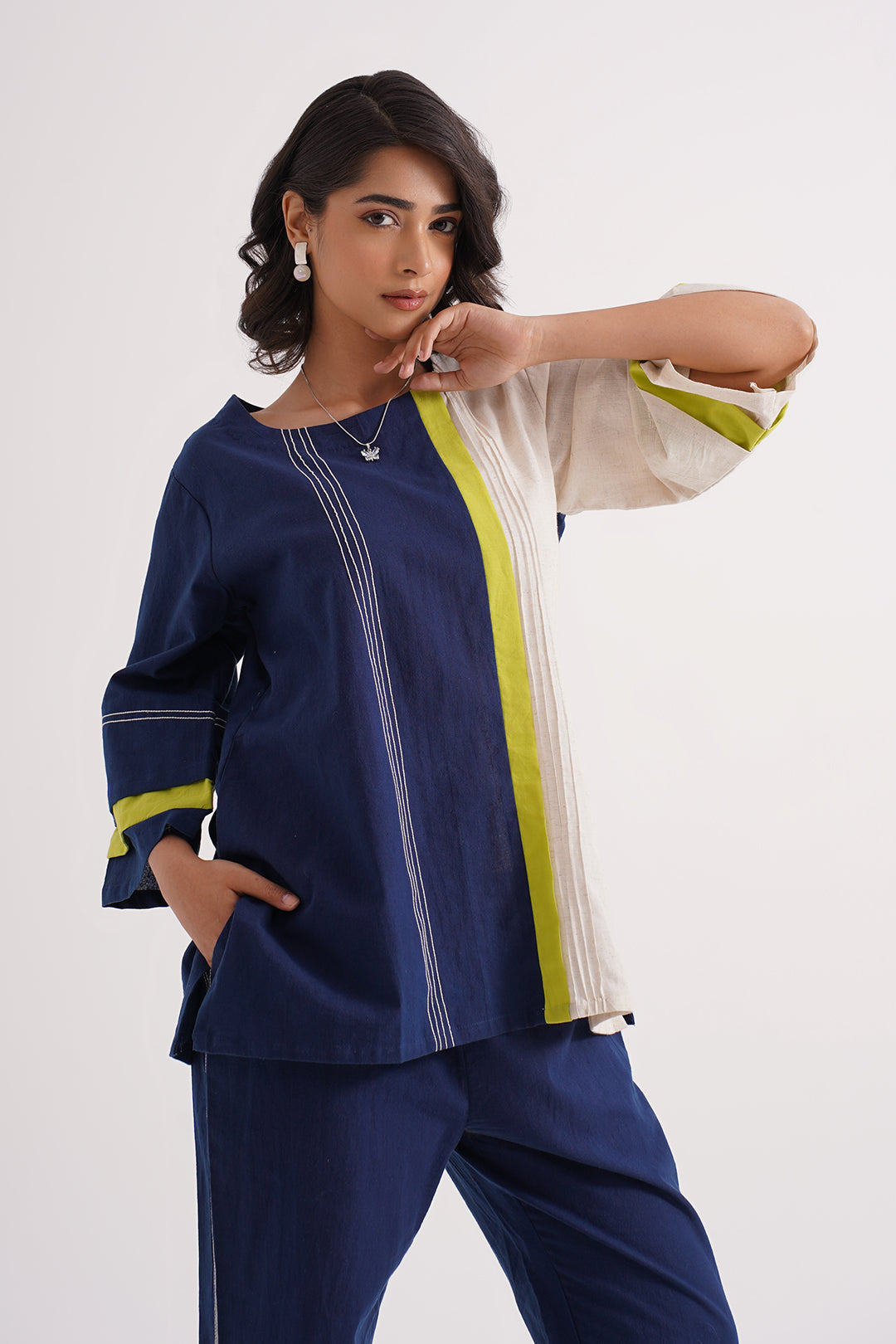 Navy Blue & Off-White Colorblock Cotton Co-ord Set