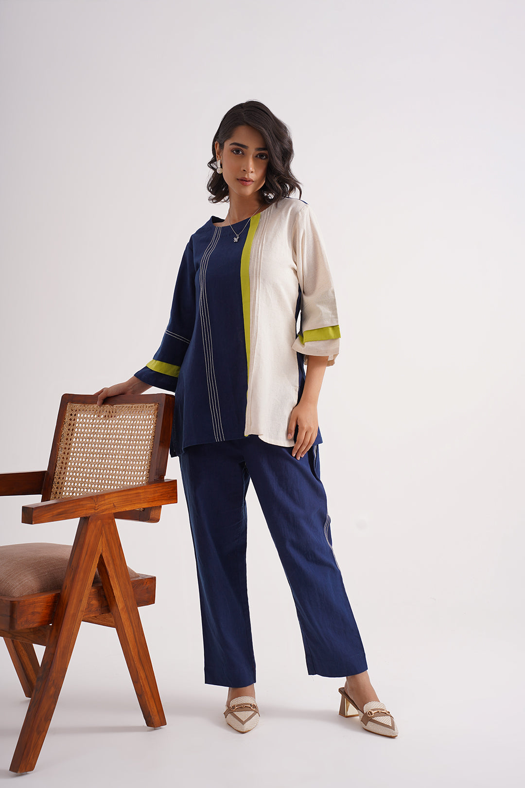 Navy Blue & Off-White Colorblock Cotton Co-ord Set