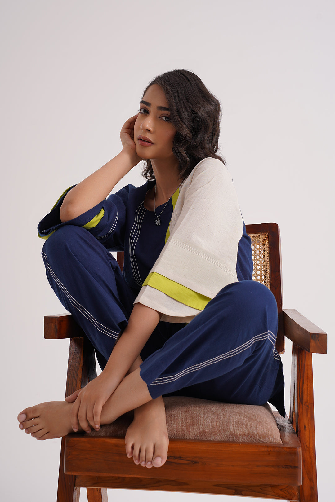 Navy Blue & Off-White Colorblock Cotton Co-ord Set