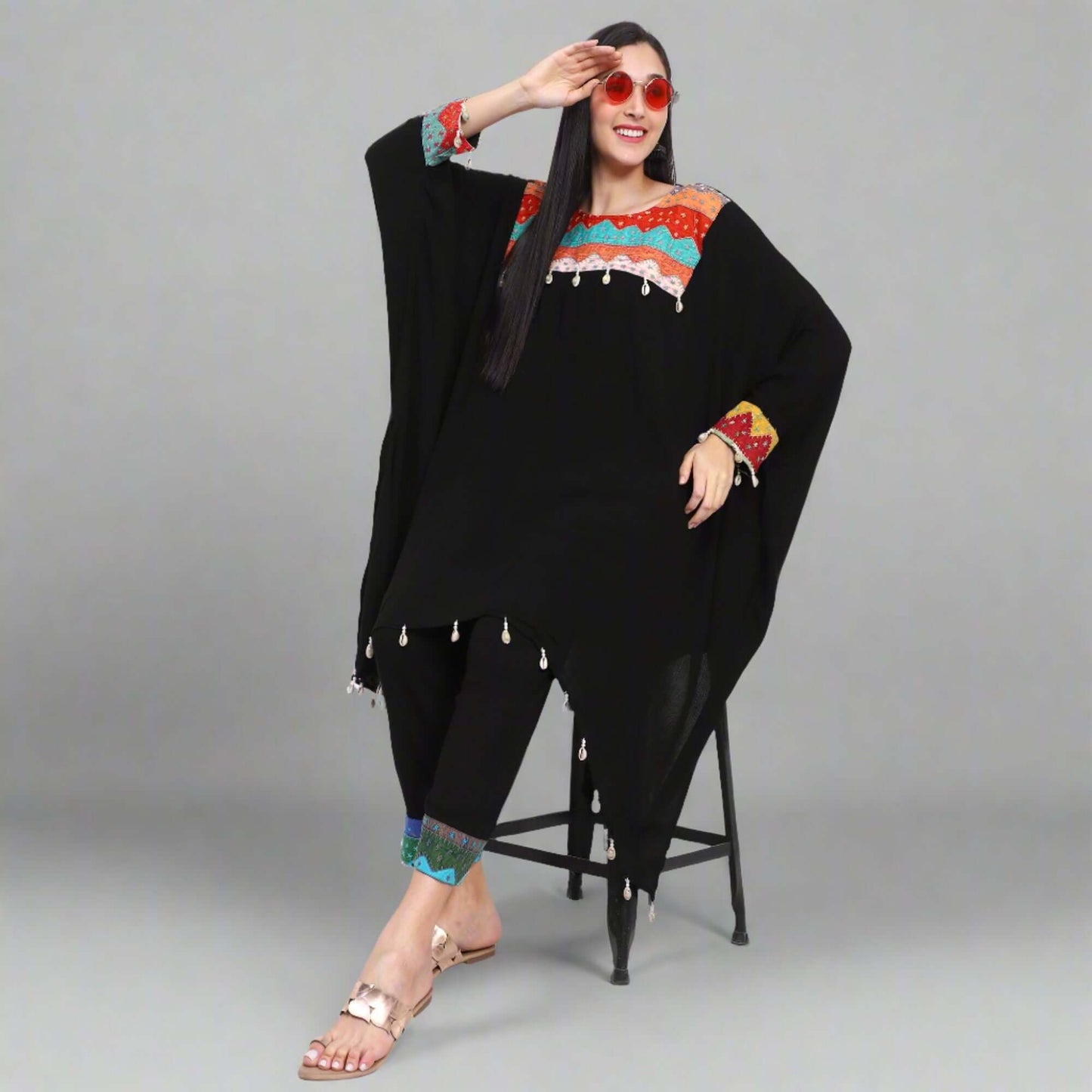 Smoky Black Crepe Cotton Kaftan Set