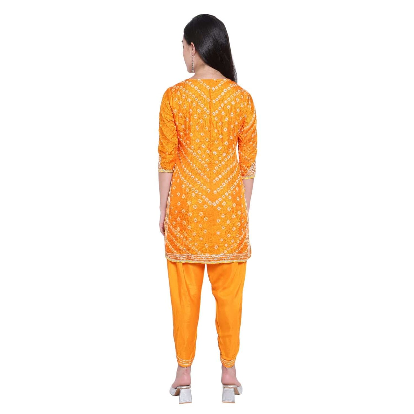 Orange Cotton Silk Bandhej Kurta With Tulip Pants