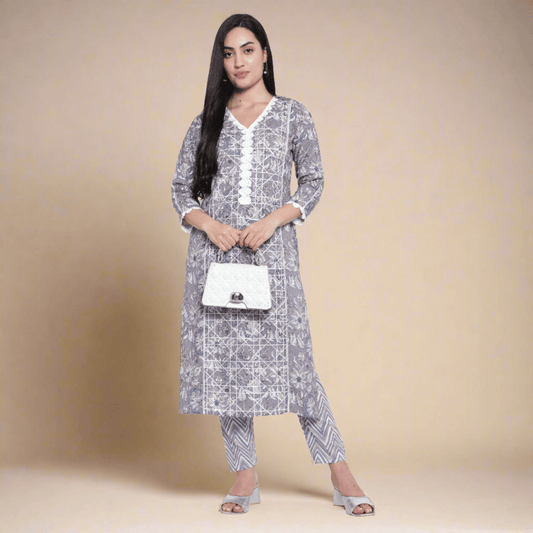 Grey Cotton Kurta With Pant