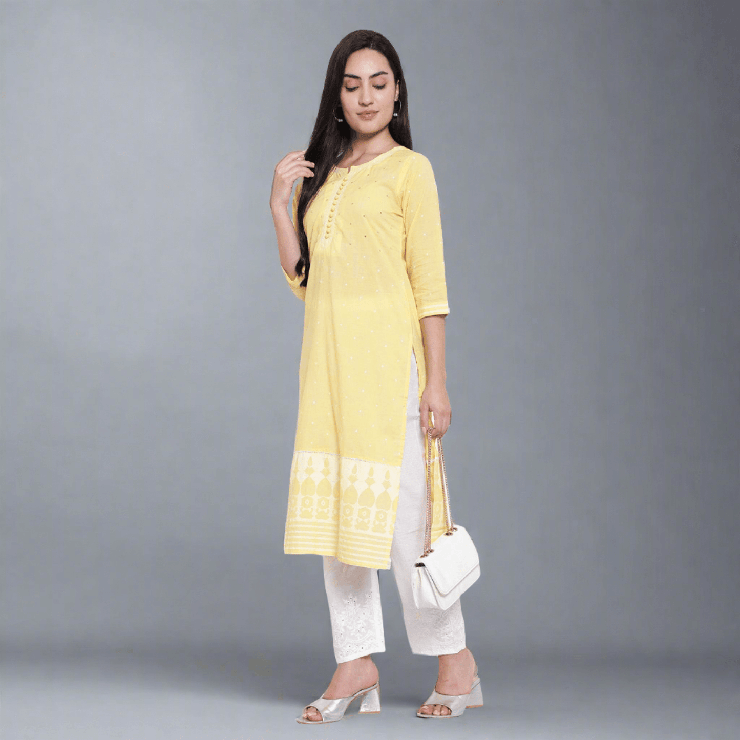 Lemon Cotton Khadi Printed Kurta With Pants