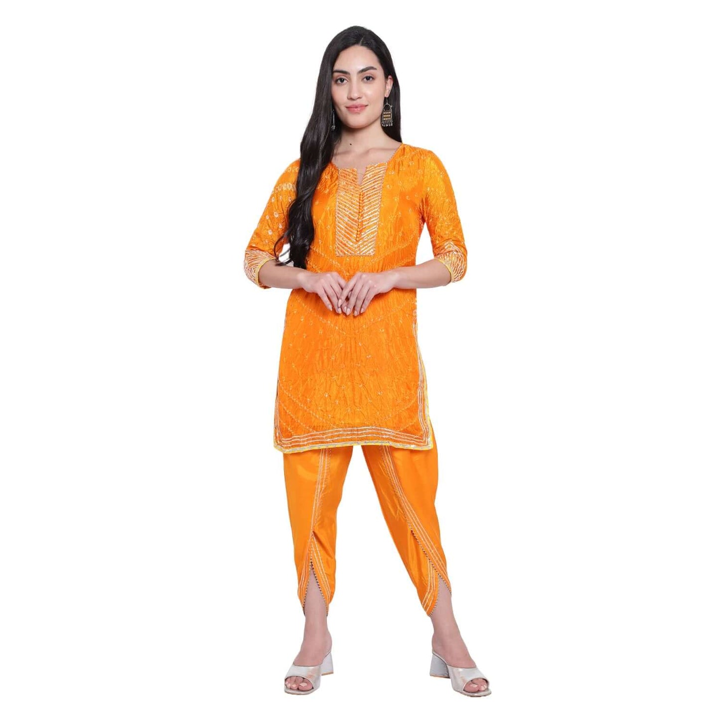 Orange Cotton Silk Bandhej Kurta With Tulip Pants