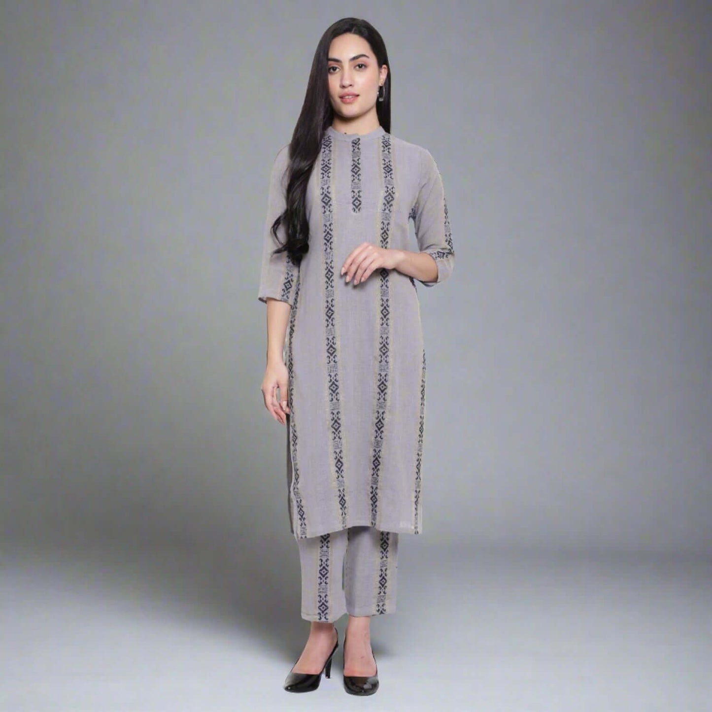 Grey Handloom Cotton Kurta With Pants