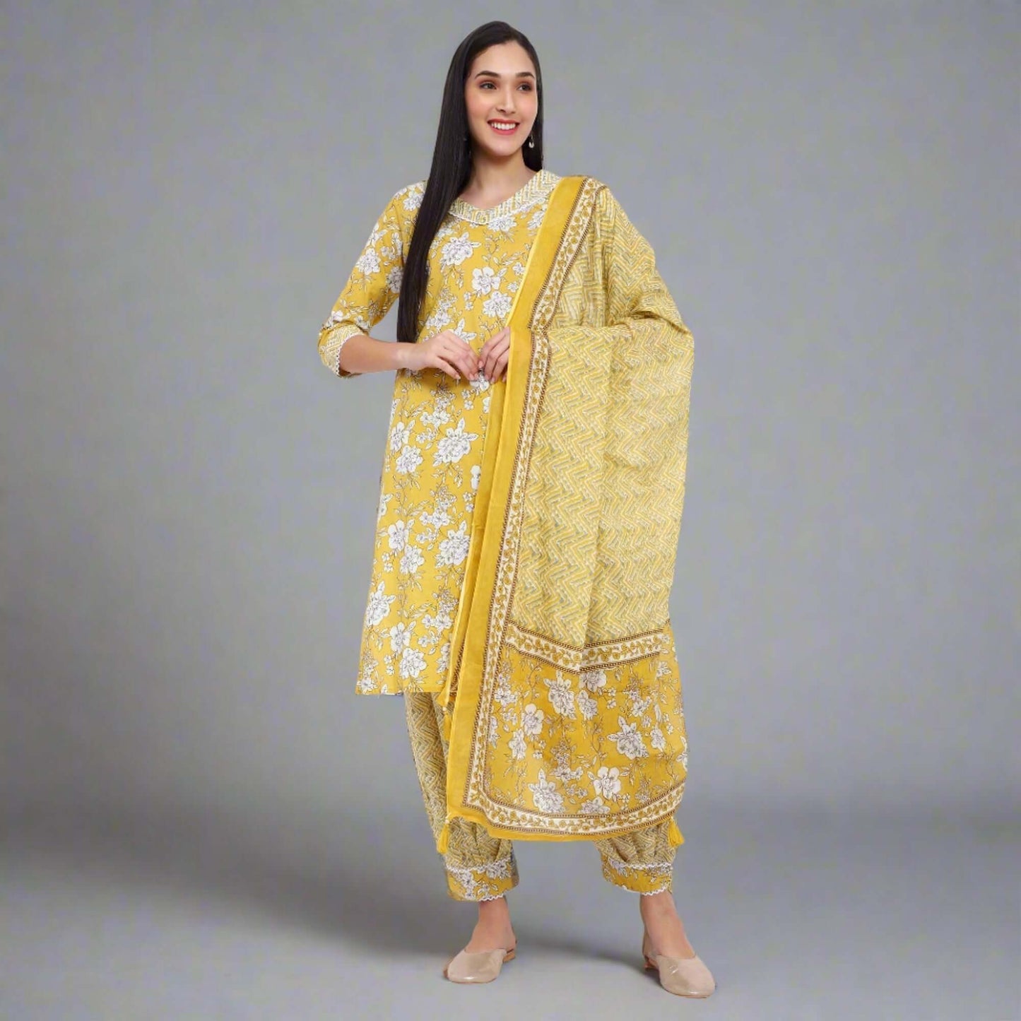 Sunflower Cotton Printed Afghani Salwar Suit Set