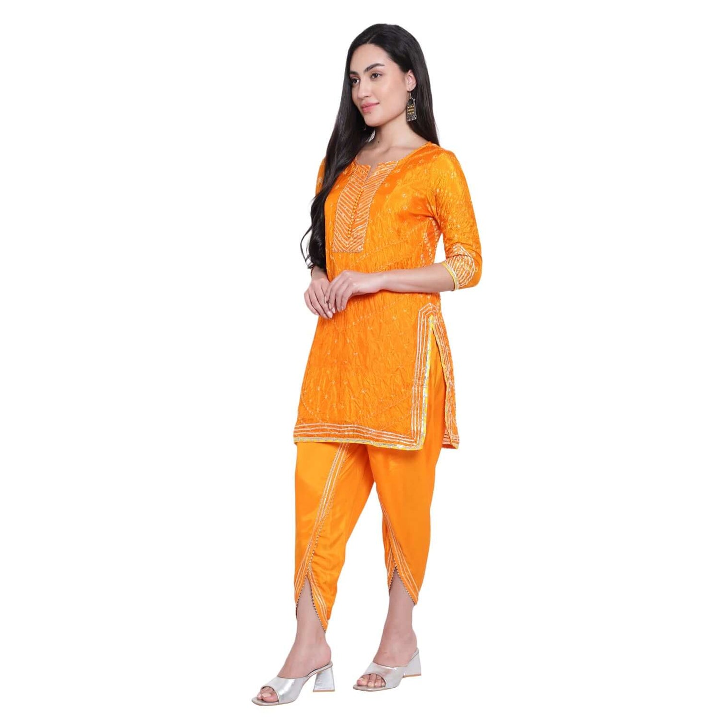 Orange Cotton Silk Bandhej Kurta With Tulip Pants