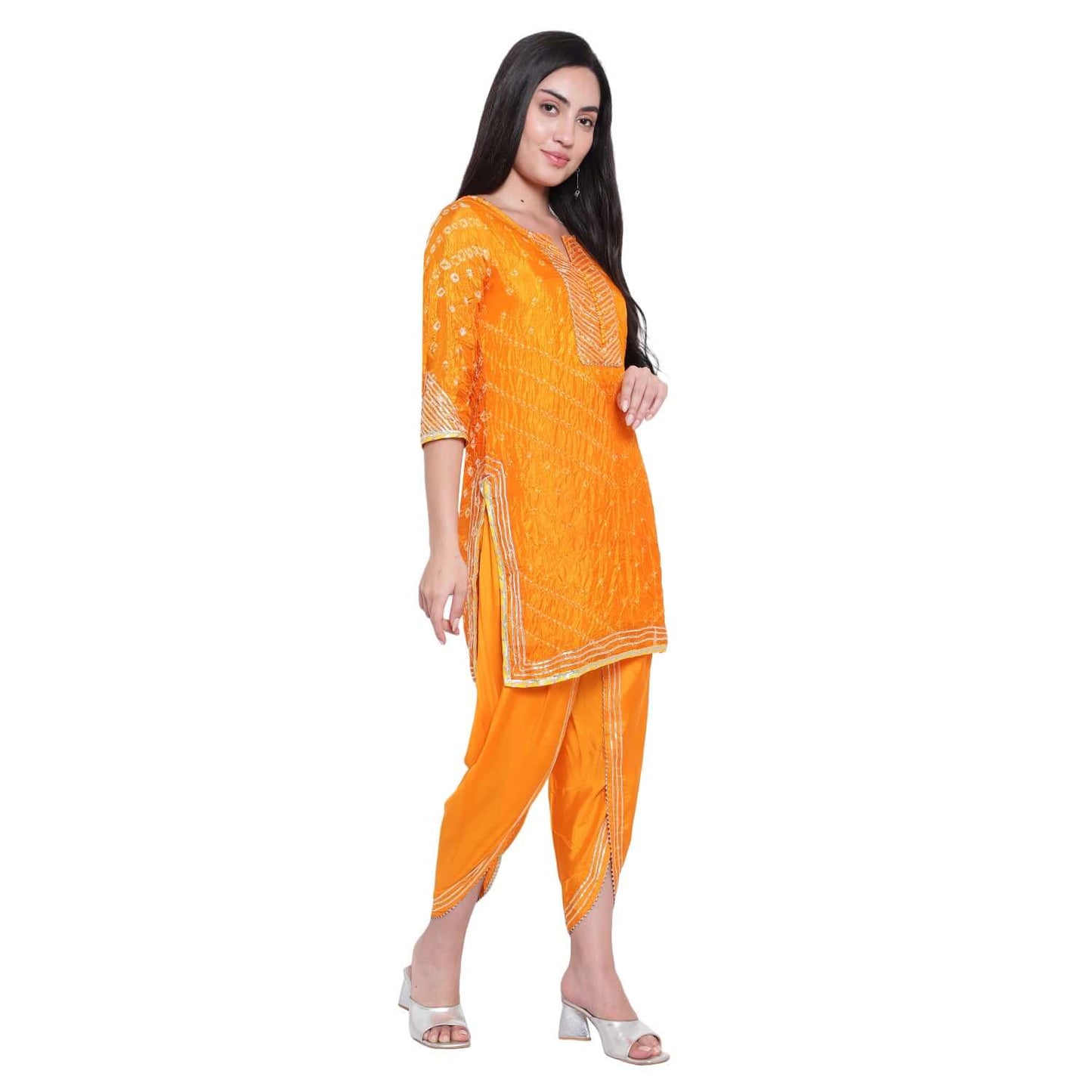 Orange Cotton Silk Bandhej Kurta With Tulip Pants