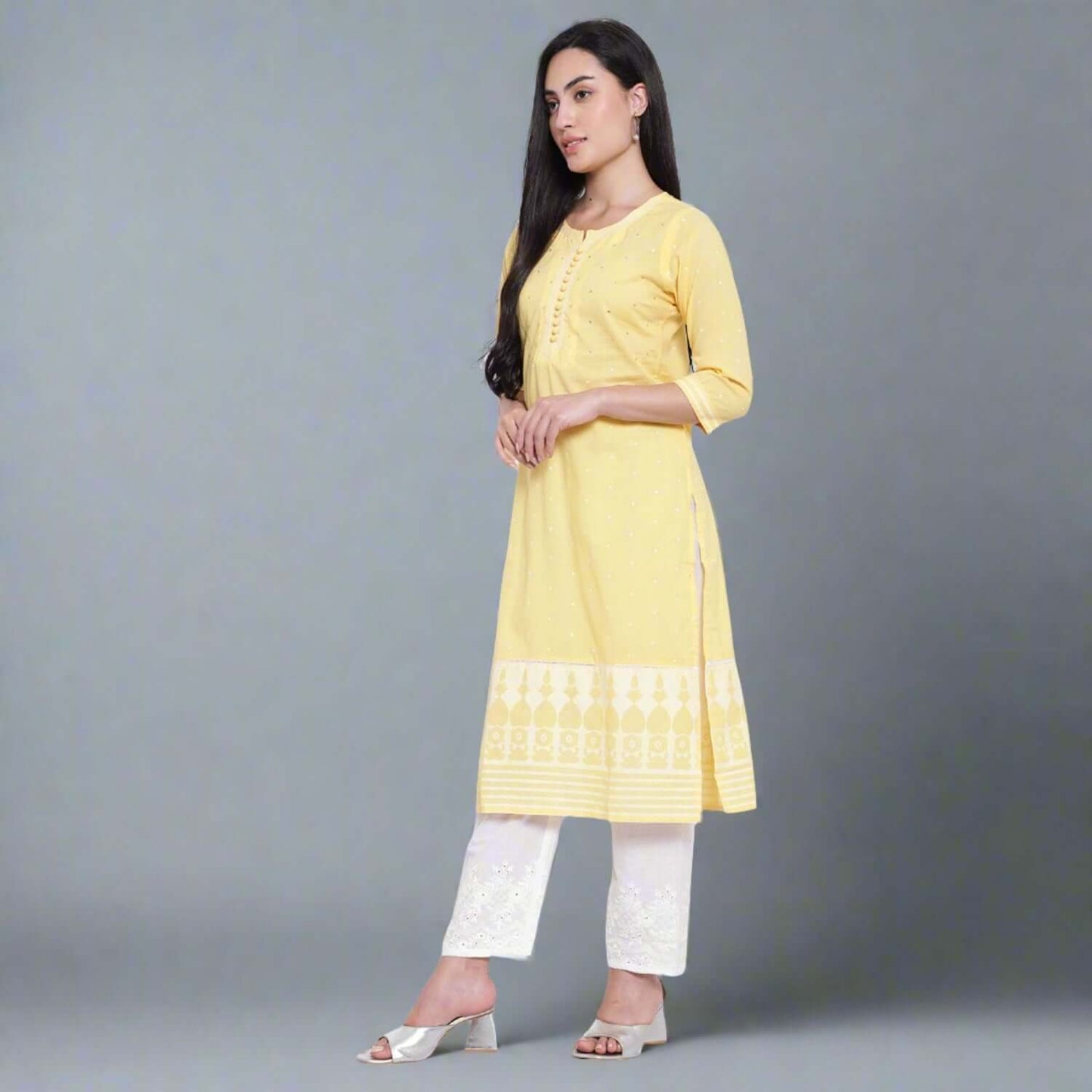 Lemon Cotton Khadi Printed Kurta With Pants