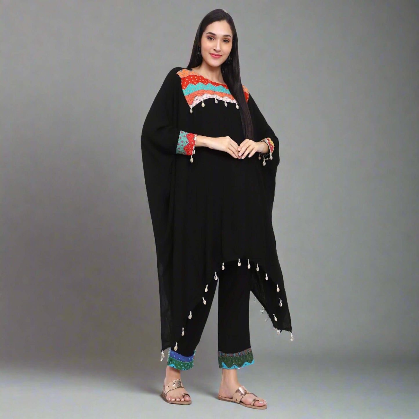 Smoky Black Crepe Cotton Kaftan Set