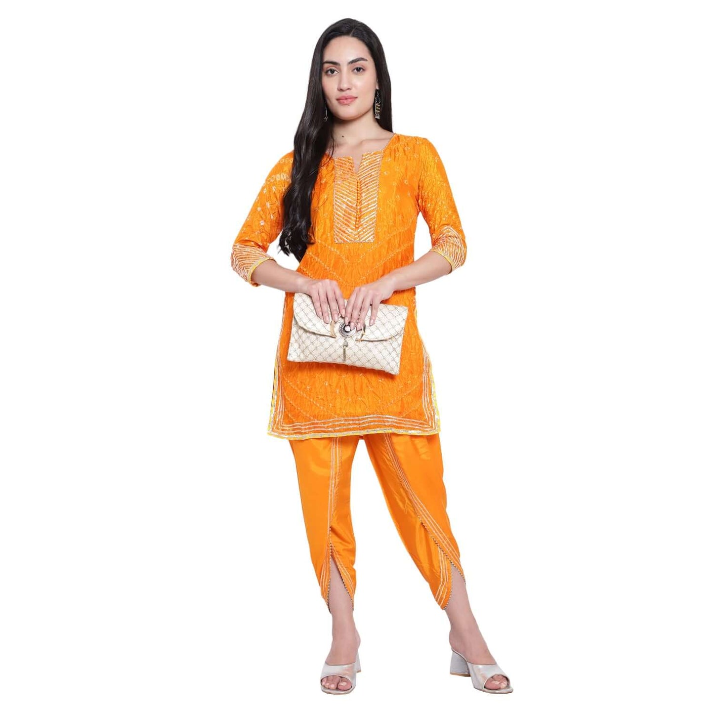 Orange Cotton Silk Bandhej Kurta With Tulip Pants