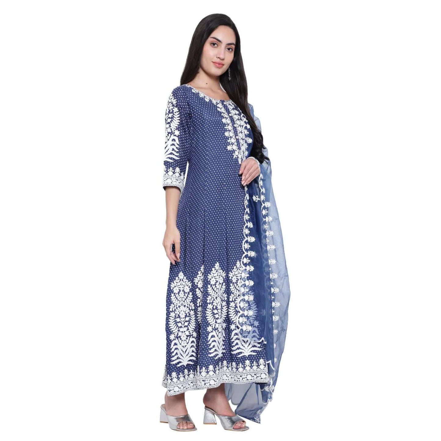 Navy Blue Cotton Silk Anarkali Suit