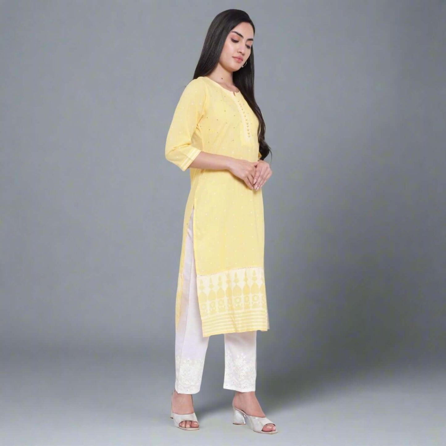 Lemon Cotton Khadi Printed Kurta With Pants