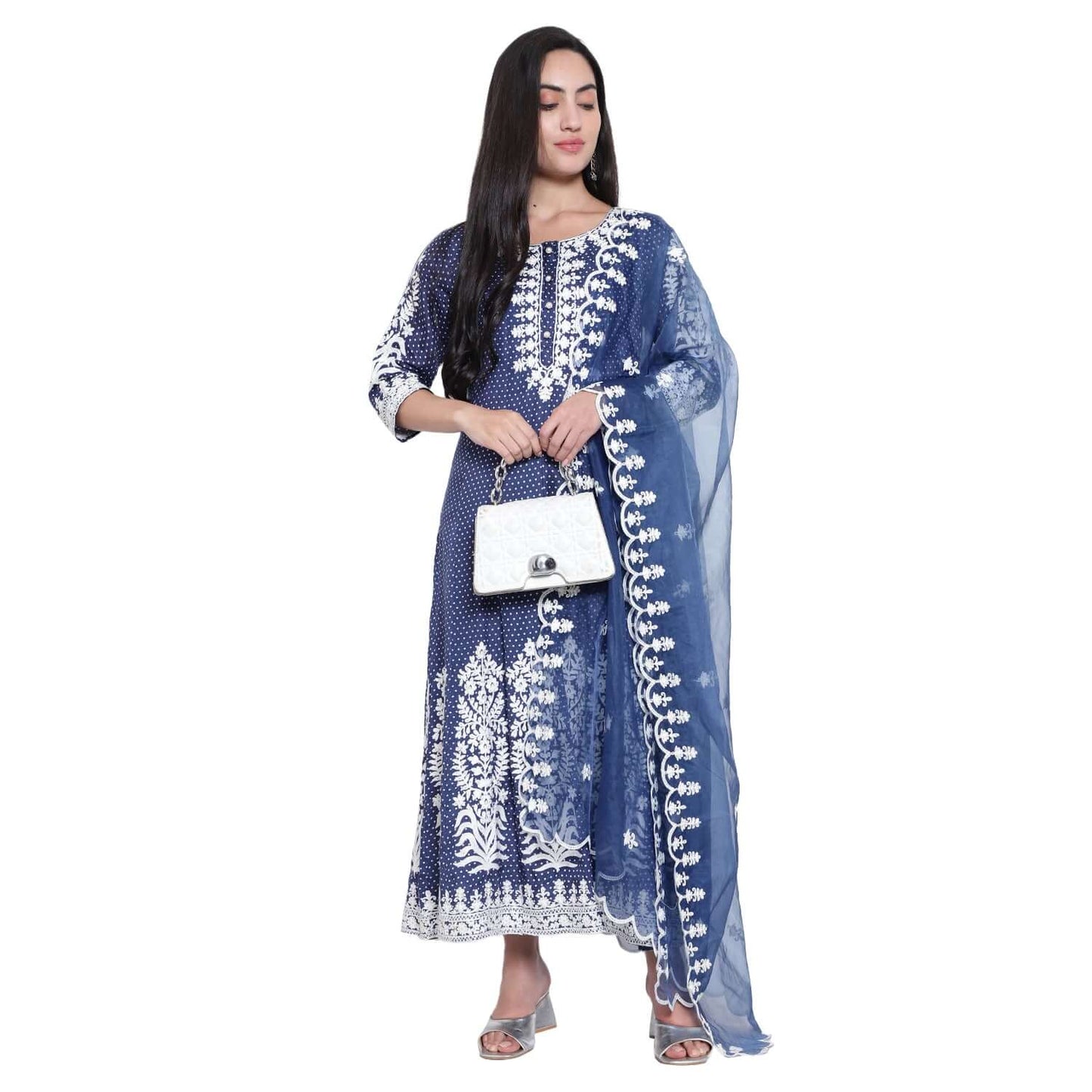 Navy Blue Cotton Silk Anarkali Suit