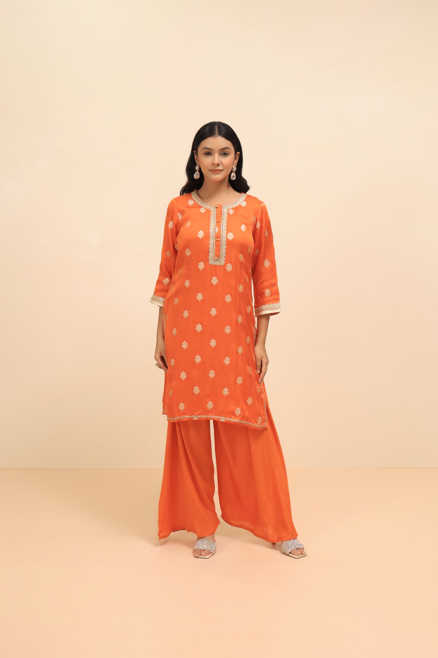 Burnt Orange Satin Silk Embellished Kurta with Cowl Pants