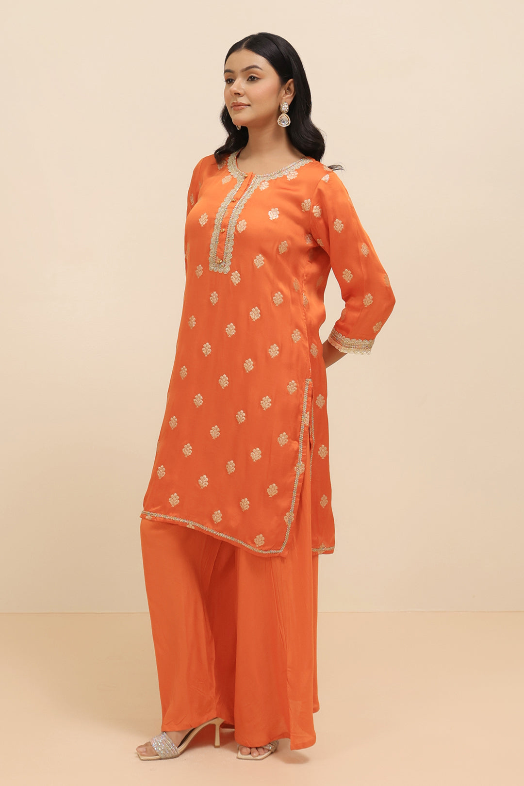 Burnt Orange Satin Silk Embellished Kurta with Cowl Pants