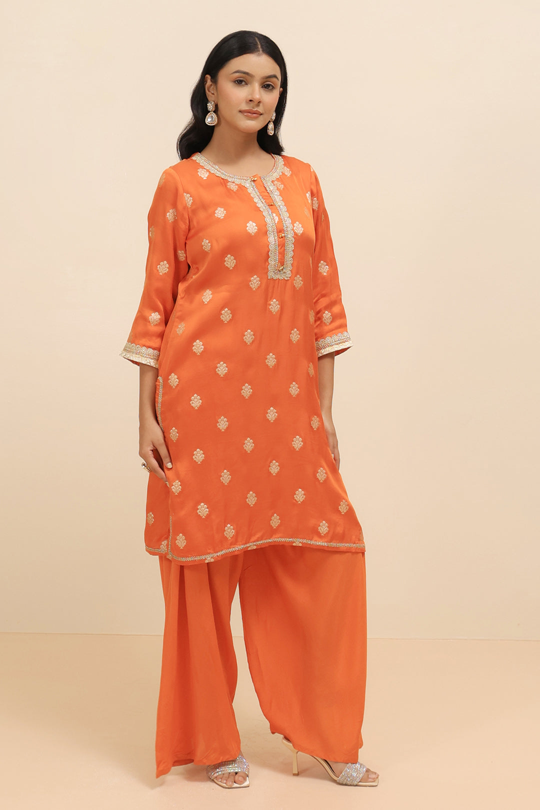 Burnt Orange Satin Silk Embellished Kurta with Cowl Pants