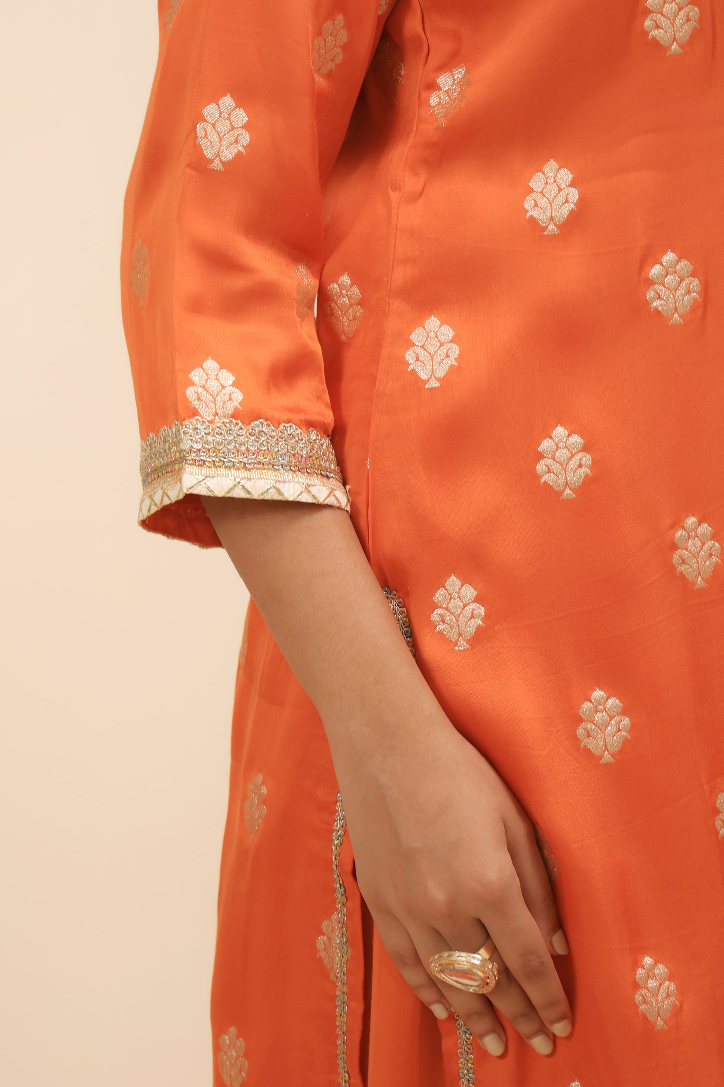 Burnt Orange Satin Silk Embellished Kurta with Cowl Pants