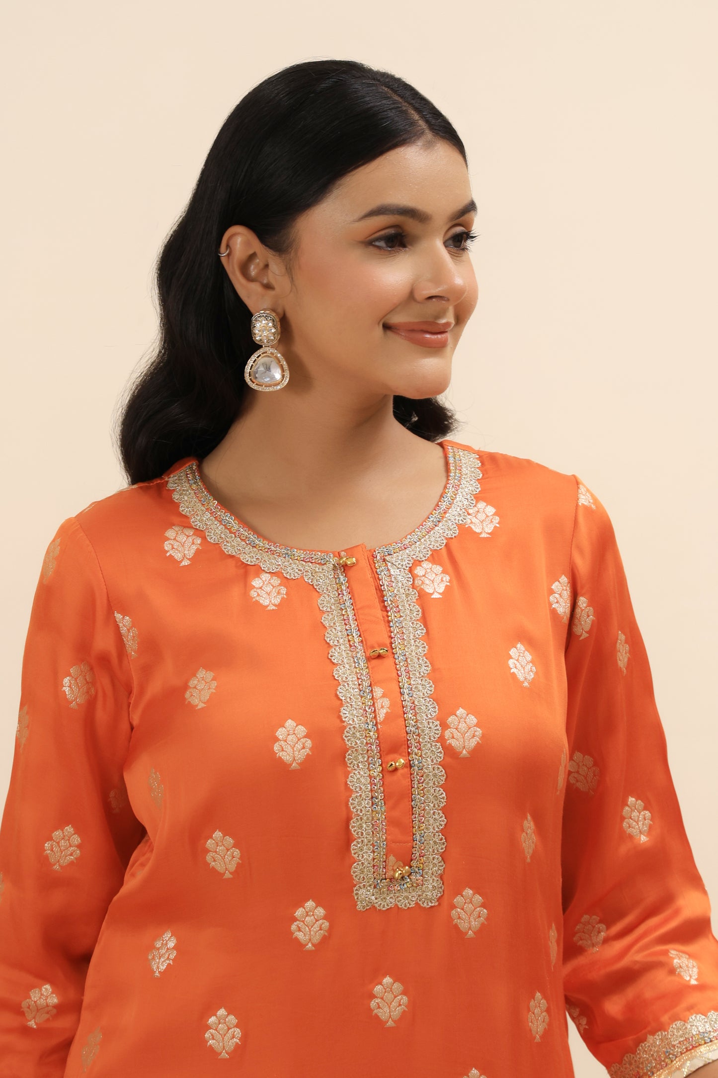 Burnt Orange Satin Silk Embellished Kurta with Cowl Pants