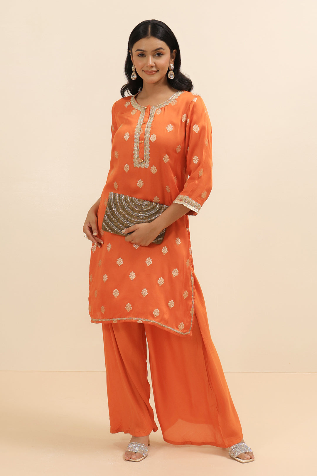 Burnt Orange Satin Silk Embellished Kurta with Cowl Pants