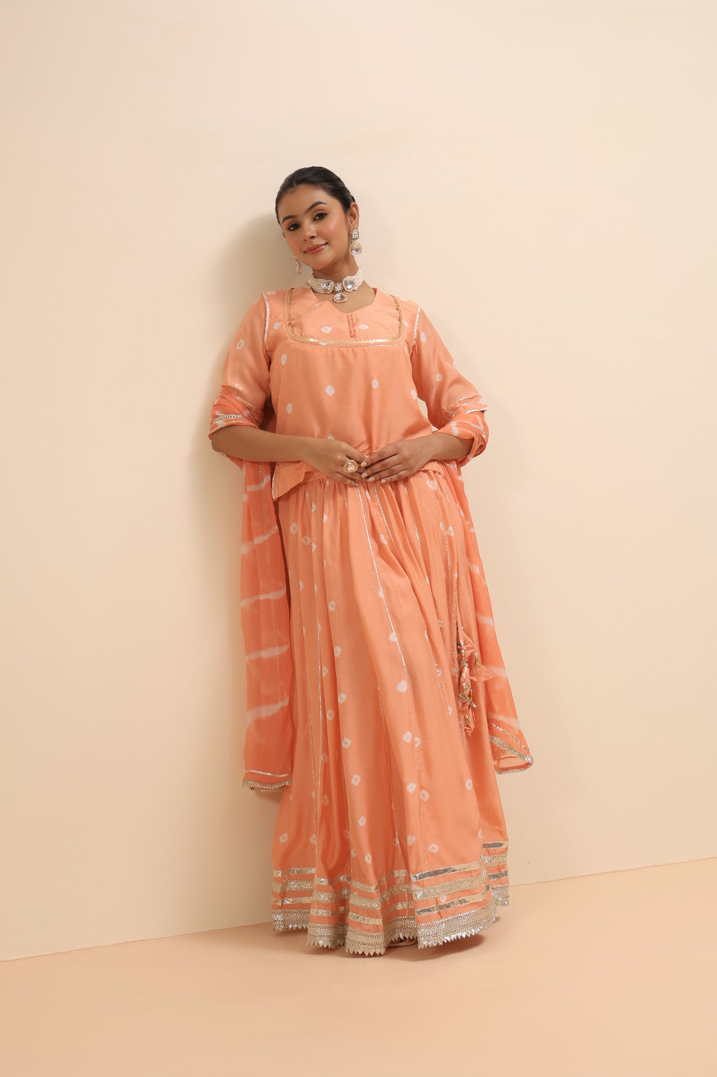 Peach Pink Muslin Lehenga Choli Set