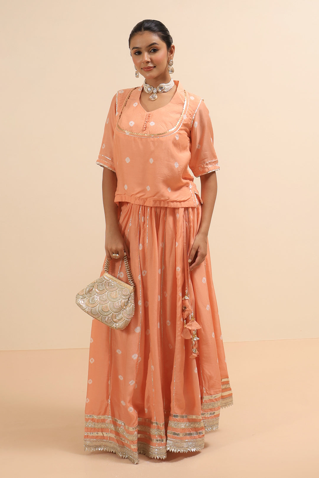 Peach Pink Muslin Lehenga Choli Set