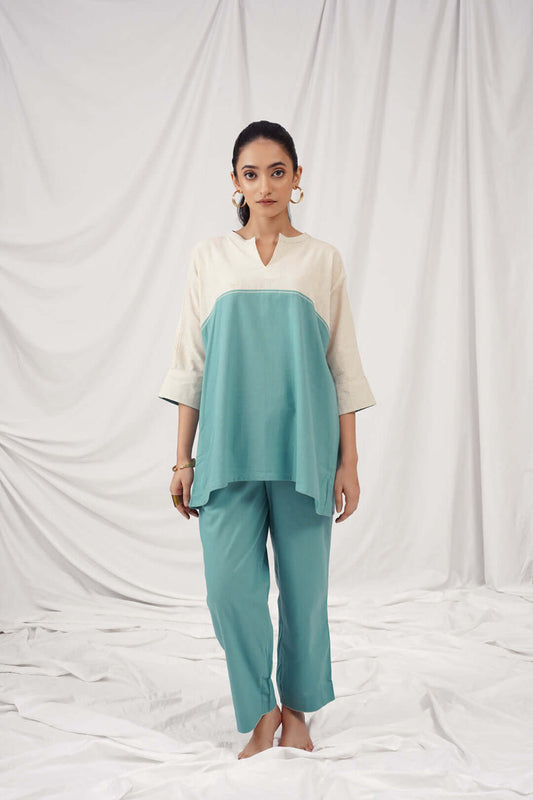 Off-White and Green Cotton Co-ord Set