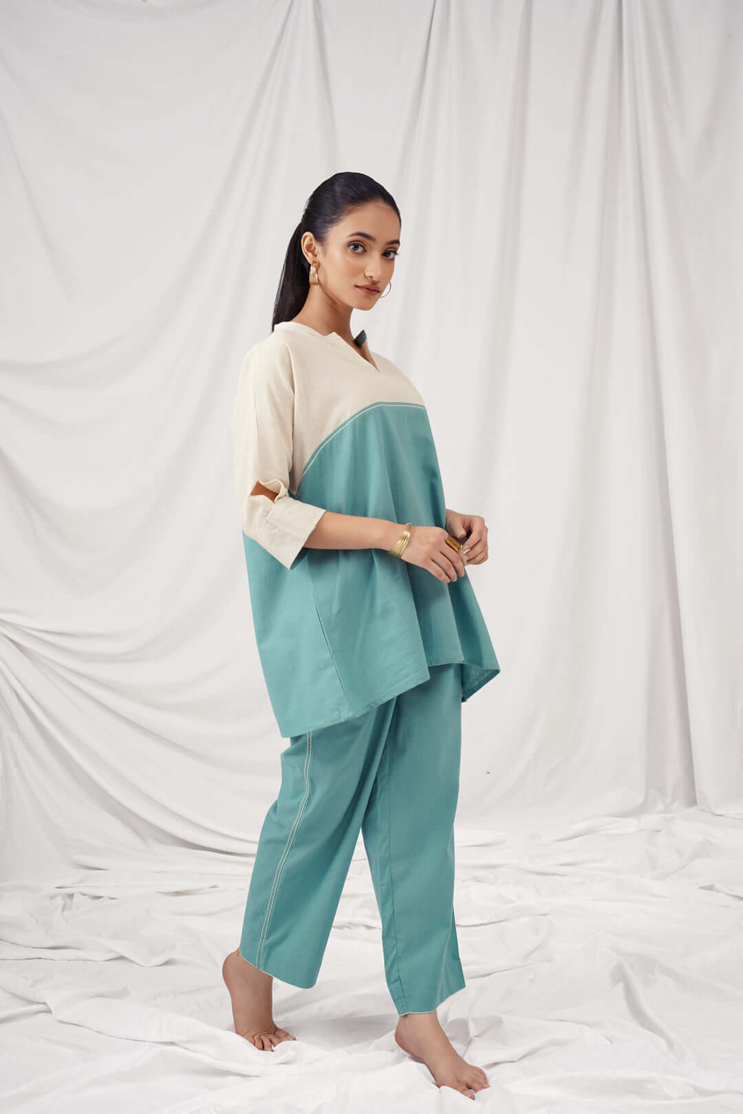 Off-White and Green Cotton Co-ord Set