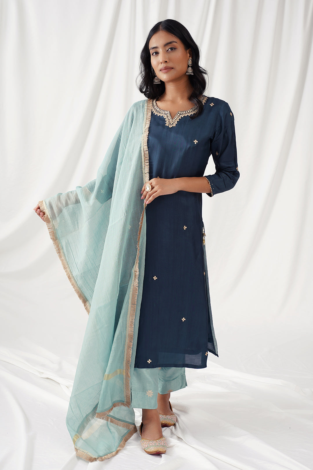 Navy Blue Upada Silk Suit Set