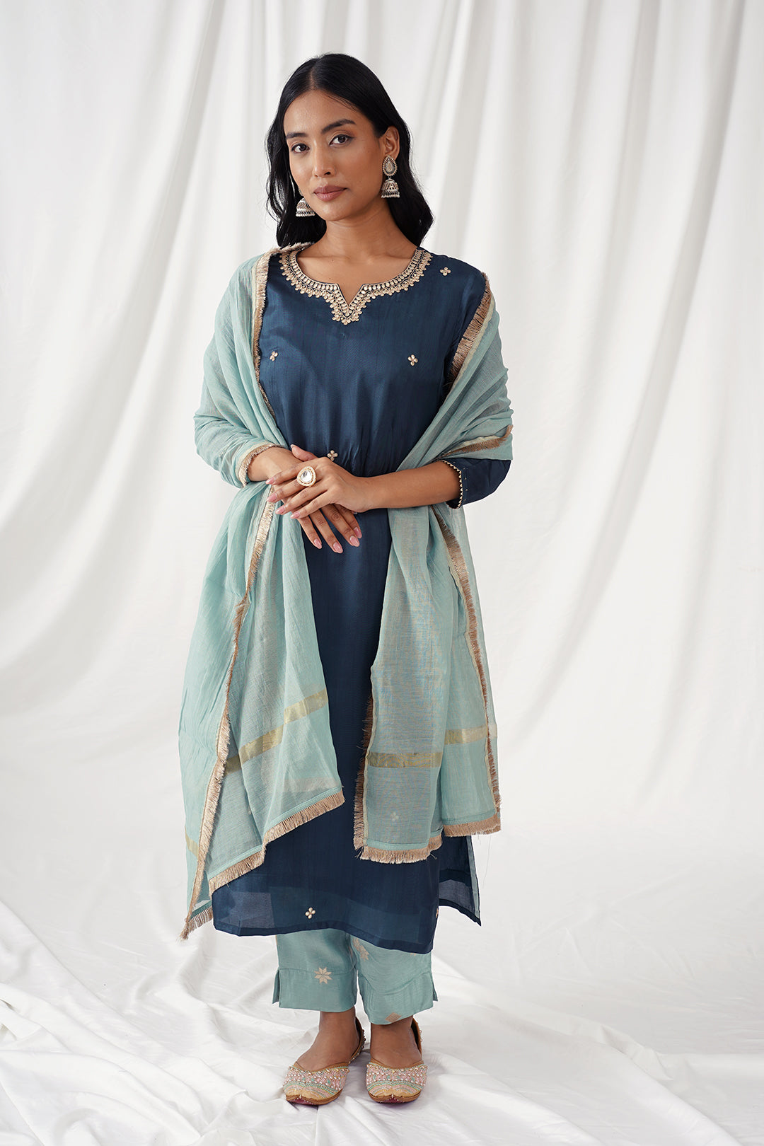 Navy Blue Upada Silk Suit Set