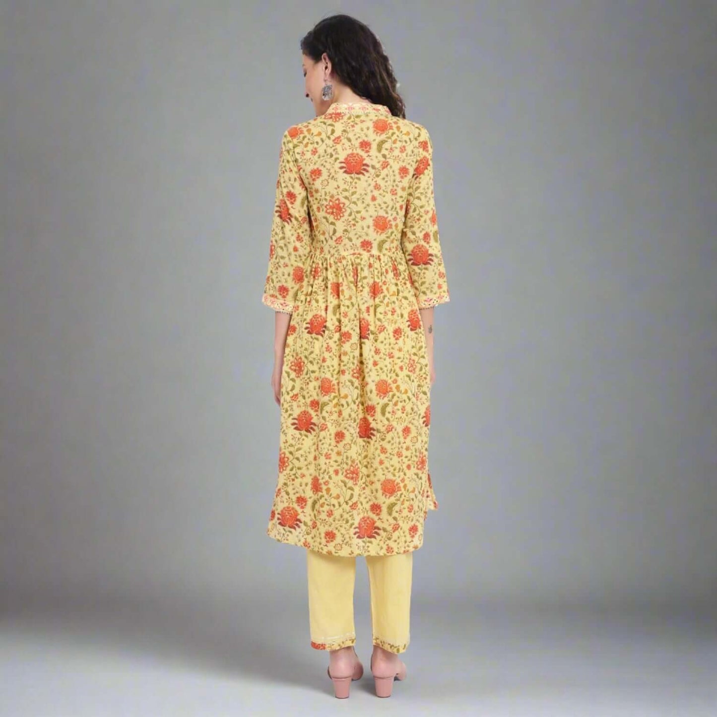 Yellow Printed Cotton Kurta and Pant Set