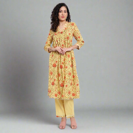 Yellow Printed Cotton Kurta and Pant Set