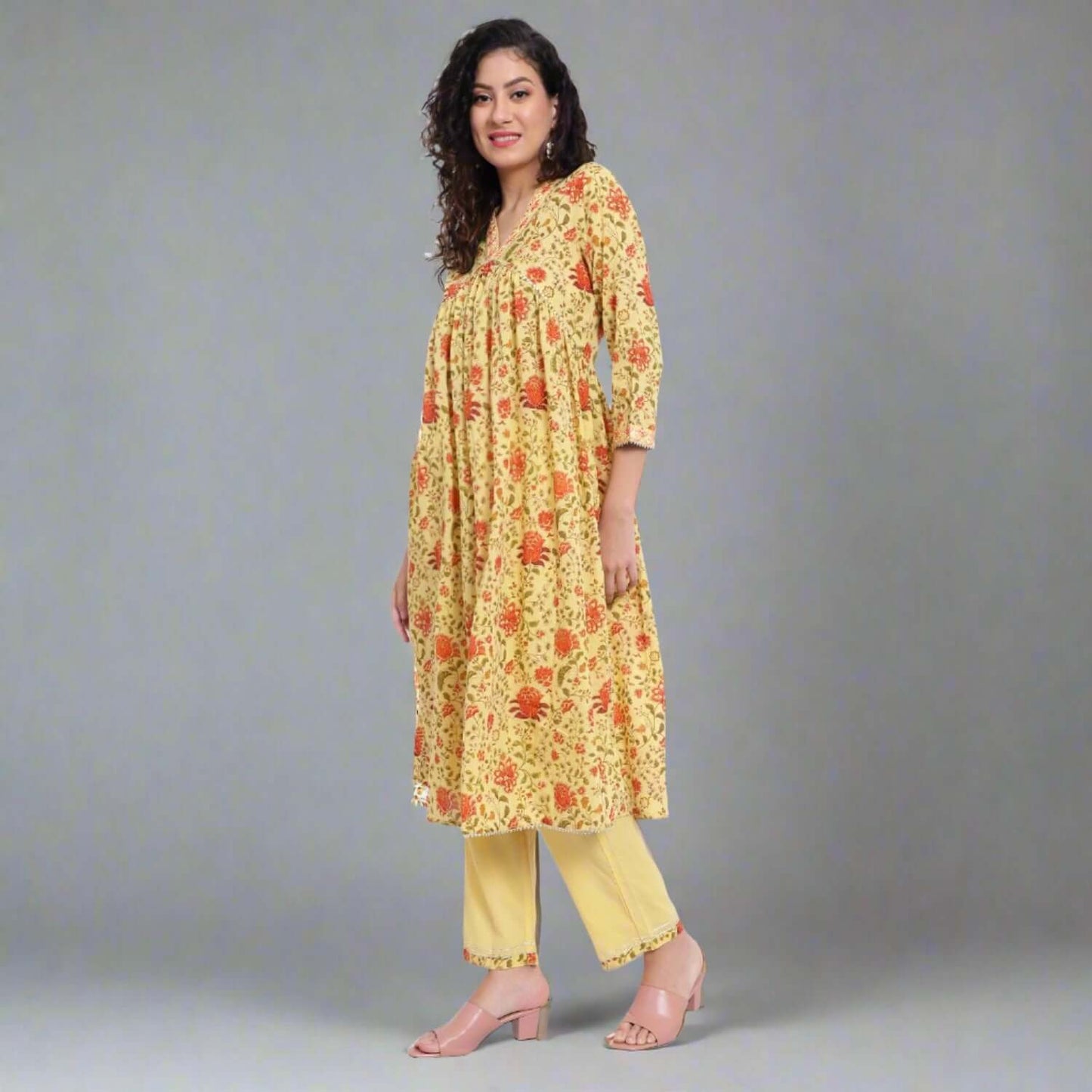 Yellow Printed Cotton Kurta and Pant Set