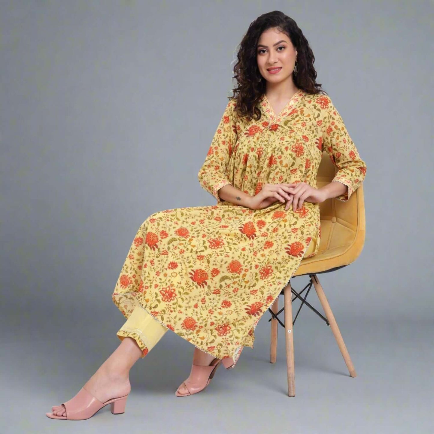 Yellow Printed Cotton Kurta and Pant Set