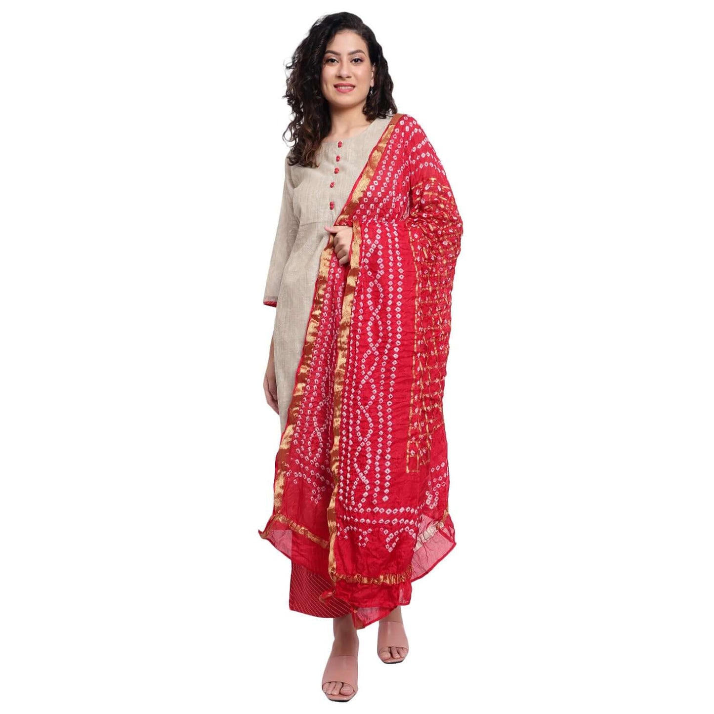 Latte Chanderi Silk Kurta Set With Bandhej Dupatta