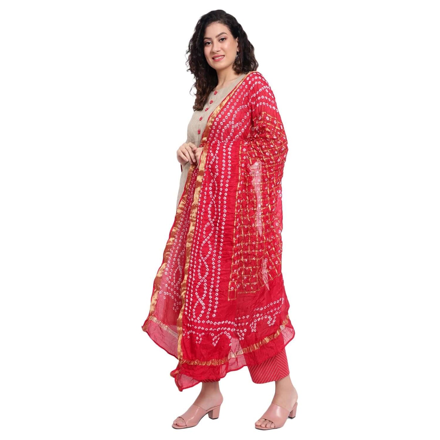 Latte Chanderi Silk Kurta Set With Bandhej Dupatta