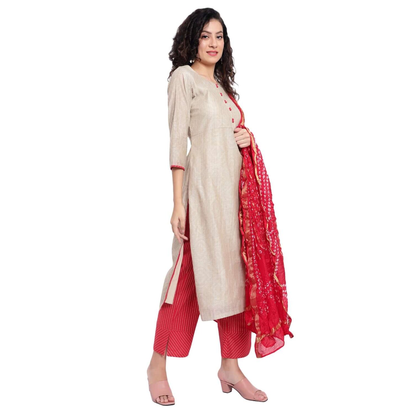 Latte Chanderi Silk Kurta Set With Bandhej Dupatta