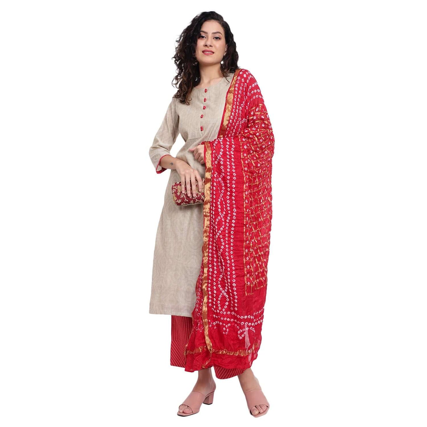 Latte Chanderi Silk Kurta Set With Bandhej Dupatta