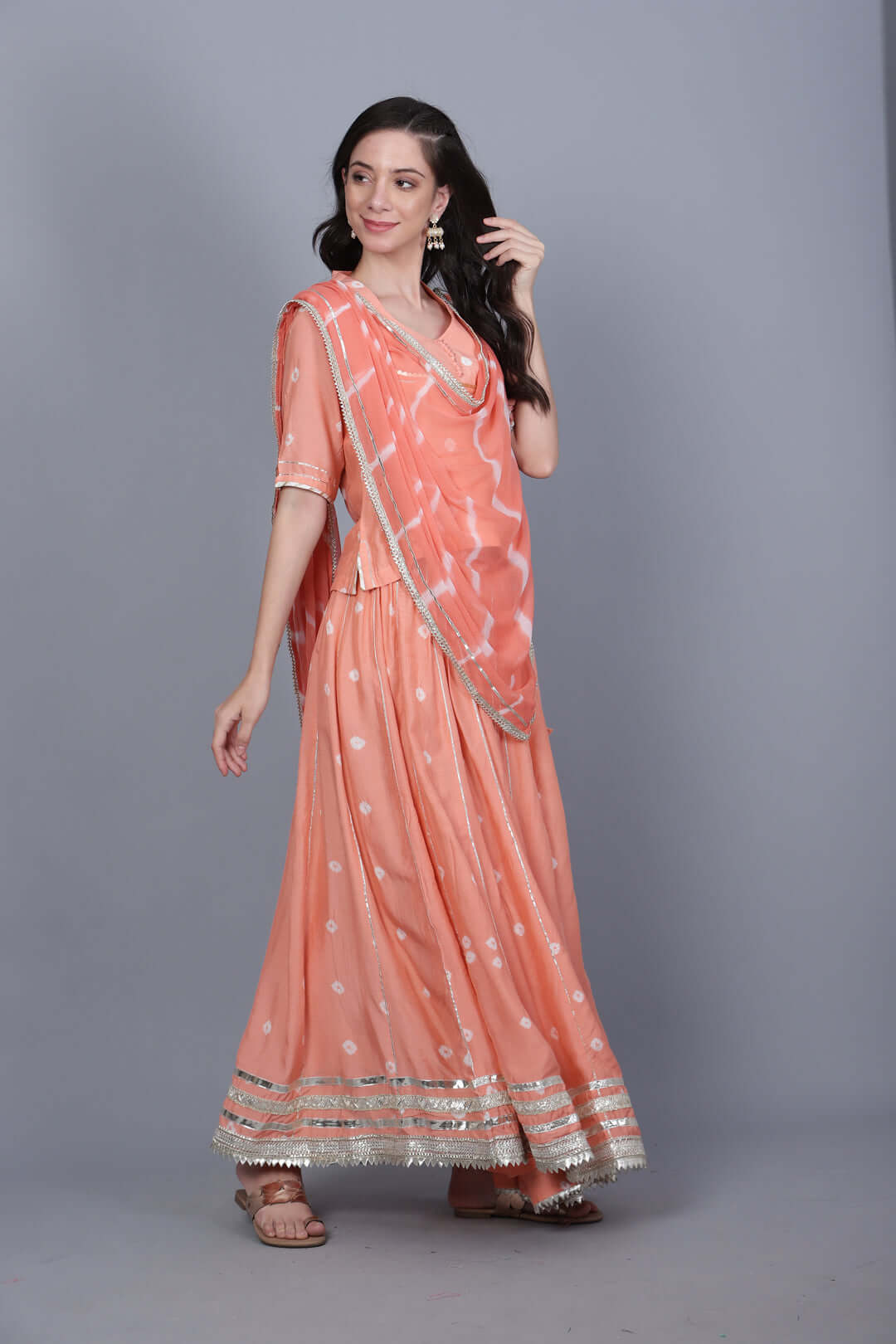 Peach Pink Muslin Lehenga Choli Set