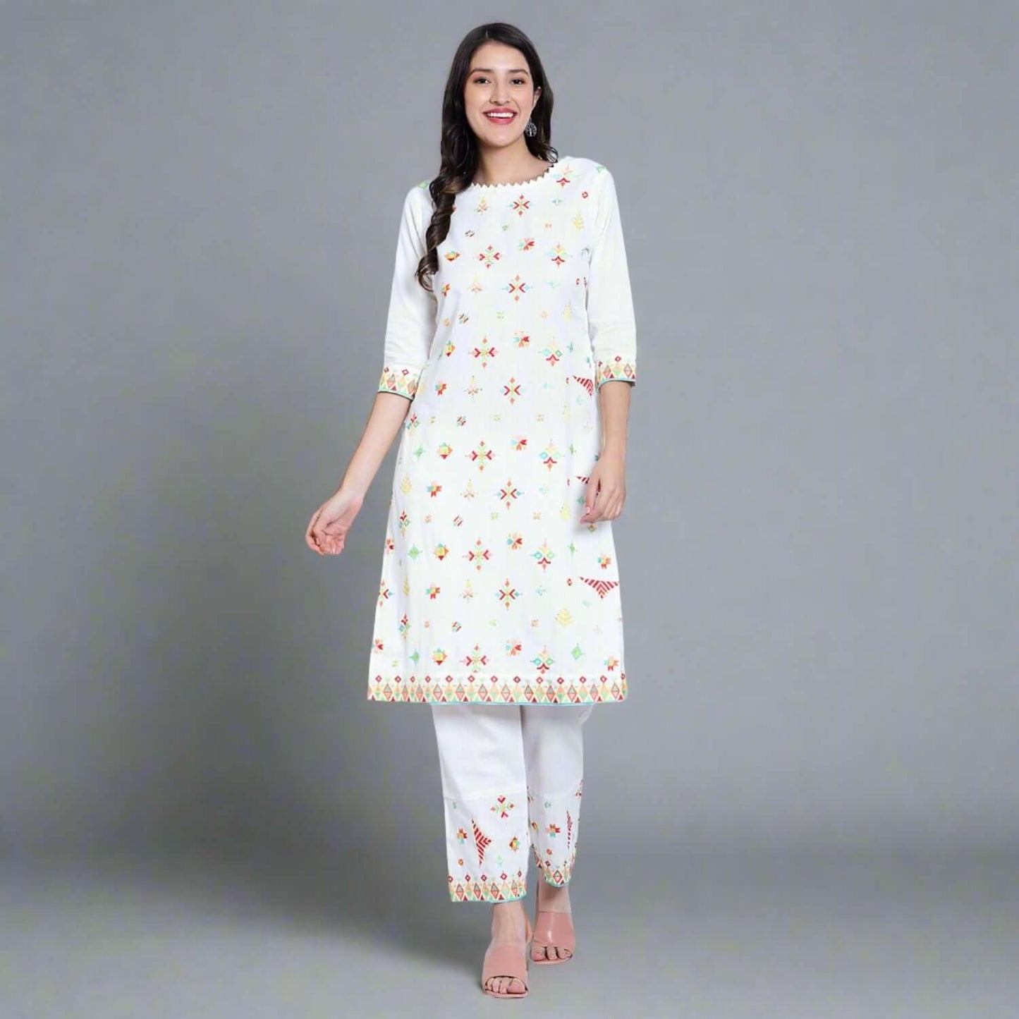 Off White Cotton Embroidered Suit Set